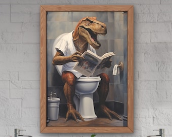 Dinosaur T-Rex on Toilet Printable Wall Art, Dino Reading Newspaper Poster,  Tyrannosaurus Rex Bathroom Decor Print, Jurassic Sci-Fi  #X53