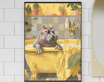 Hippo Wall Art Print: Botanical Spa Bathroom Decor, Hippopotamus Lover, Bathroom Wall art, Bathroom Print (Digital Download) #BR511