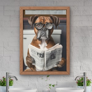Boxer dog Bathroom Wall Art, Boxer on Toilet reading newspaper print, Guest bath kids decor, housewarming gift poster, dog lovers gift #X632