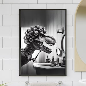 T-Rex Dinosaurier Badezimmer Wand Kunst, Dino in Lockenwickler in der Pulverkammer Dekor, Make Up, Dino Liebhaber Geschenk, Einzugsgeschenk #X576