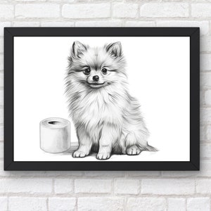 Poster Pommerschen, Hund spielt mit Klopapier, modernes Badezimmer Dekor, minimalistisches Poster, Einweihungsparty Geschenk für Kinder #X203