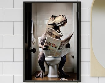 T-Rex on Toilet Print: Dinosaur Wall Art, Bathroom Wall Art, Bathroom Print, Dino Bath Décor, Dinosaur Print (Digital Download) #X648