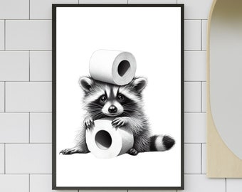 bathroom art, raccoon, toilet paper, bathroom wall art, bathroom kids art, bathroom decor, bathroom wall decor, animal art, toilet #X686