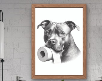 Pitbull Terrier Dog bathroom wall art, dog lovers gift, toilet paper in mouth, bathroom kids decor, housewarming gift minimalist print #X581