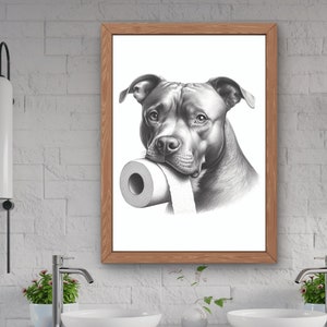 Pitbull Terrier Dog bathroom wall art, dog lovers gift, toilet paper in mouth, bathroom kids decor, housewarming gift, minimalist print