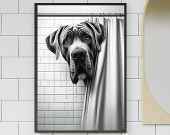 May include: Black and white framed print of a dog peeking out from behind a shower curtain. The dog has a sad expression, with water droplets falling from its nose. The background features white tile.