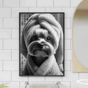 Yorkie Dog Bathroom Decor, Yorkshire Terrier Wall Art, Dog in Bathrobe, Minimalist Print, Guest Kids Bath poster, Gym Spa, housewarming #X28