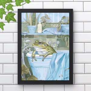 Frog in Bathtub Printable Wall Art | Frog Taking a Bath in Tub | Toad bathroom DECOR | frog lovers gift Botanical Spa Print in blue #BR44