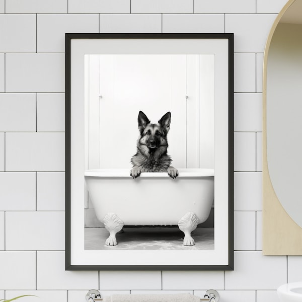 Deutscher Schäferhund in Wanne druckbare Kunst | Hund der ein Bad in der Wanne nimmt Foto |  Badezimmer Kunstdruck | Wunderschöner digitaler Download #BR109