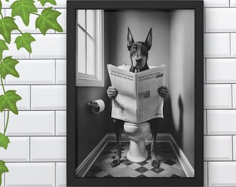 May include: Black and white photo of a dog sitting on a toilet and reading a newspaper. The dog is wearing a collar and has a serious expression on its face. The newspaper headline reads "Downtown Cats to Big in New York, Talks Fall Apart, Fans Feel Betrayed".