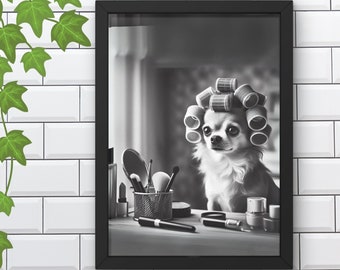 Chihuahua Dog Bathroom Wall Art, Chihuahua in Rollers in Powder Room decor, makeup, dog lovers gift modern decor, housewarming gift #X522