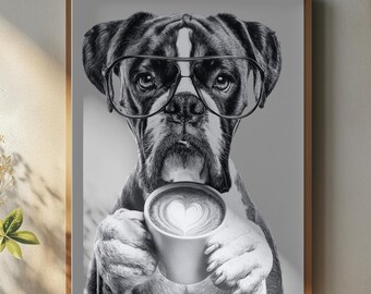 グレート・デーンのコーヒープリント：コーヒーバーのデコレーション、面白い犬のポスター、キッチンの壁アート - バスルームの壁アート、白黒、#CVF413
