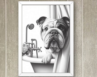 English Bulldog Bathroom Wall Art | Dog Peeking out of  Shower Curtain | Dog Bathroom Art Print | Funny Dog wall art, bathroom humor #BR150