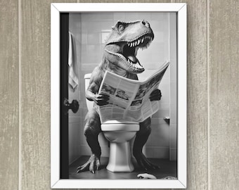 T-Rex Dinosaur Bathroom Printable Wall Art Dino on toilet Reading newspaper prehistoric decor Print Toilet Humor Kids Jurassic lover #X571