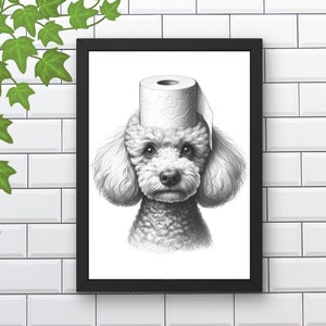 Poedel hond badkamer muurkunst, cadeau hondenliefhebber, toiletpapier op hoofd, badkamer kinderdecor, housewarmingcadeau, minimalistische print #X662