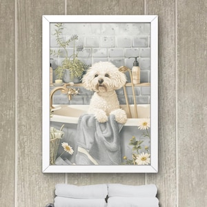 Bichon Frise in Bathtub Printable Wall Art, Dog Taking a Bath in Tub Print, Bathroom Poster, Modern Home Décor, Maximalist Gray #BR623