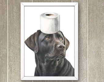 May include: A black Labrador Retriever with a white toilet paper roll on its head. The dog is looking to the right of the image. The image is in a white frame.