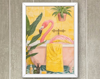 Pink Flamingo Wall Art, Flamingo Bird Bathroom Print, Bathroom Wall Art, Coastal Tropical Decor,  Botanical Spa Poster #BR705