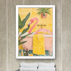 Pink Flamingo in bathtub Printable Wall Art, Flamingo Bird Taking a Bath in Tub Decor, Bathroom Print  Botanical Spa Poster #BR705