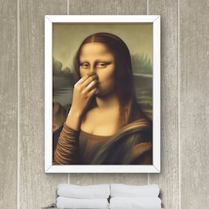 Op de afbeelding: Een ingelijst schilderij van een vrouw met lang bruin haar, die een donkere jurk draagt. Ze houdt haar hand voor haar neus, alsof ze iets onaangenaams ruikt.