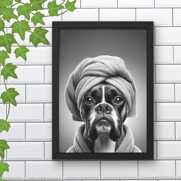 Boxer Dog Bathroom Printable Wall Art | Boxer Wearing Bathrobe Photo | Dog Lovers Bathroom Art Print | Kids Bathroom Decor