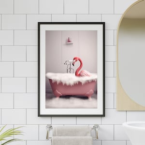 Pink Flamingo in Tub Printable Wall Art | Flamingo Bird Taking a Bath in Tub Photo | Flamingo Bathroom Art Print | Stunning Digital Download