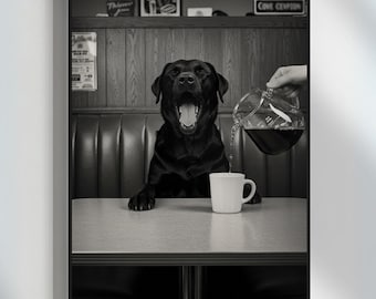 ブラックラボコーヒープリント：コーヒーバーの装飾、ラブラドールレトリバーの犬のポスター、キッチンの壁アート - ゲストバスルームのポスター、白黒、#4EER1