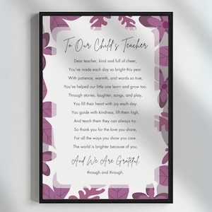 Poema de agradecimiento para maestros, arte de pared, regalo de recuerdo para maestros imprimible, carta de agradecimiento para maestros, decoración de regalo de fin de año, de padres #H21