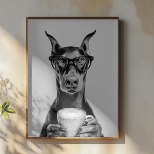 Dobie kaffetryck: Kaffebardekor, dobermann pinscher hund, köksväggkonst - gästbadrumstavla, svartvitt, #WW2013