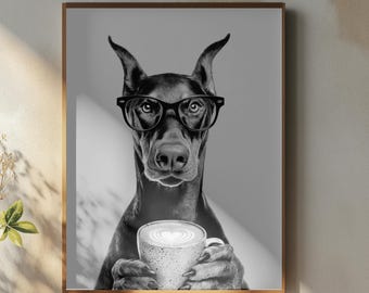 Dobie Coffee Print: Coffee Bar Décor, Doberman Pinscher Dog, Kitchen Wall Art - Guest Bathroom Print, Black and White, #WW2013