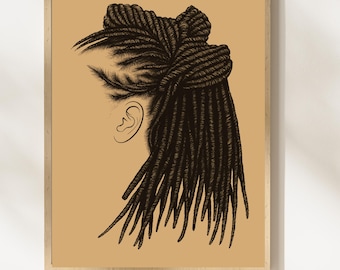 Póster vintage de peluquería, trenzas africanas, rastas de pelo negro, moño con trenzas africanas, decoración de pared afrocéntrica, impresión afroamericana, n.° FXFD2A