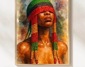 Arte mural con tocado de cuentas, descarga digital, retrato de moda femenina imprimible, impresión de diseño de interiores en negro, decoración afroamericana, #VCG0S