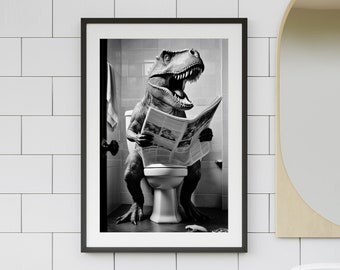 Dinosaur T-Rex on Toilet Printable Wall Art |  Dino Reading Paper | Dinosaur in Bathroom Art Print | Stunning Digital Download #X508