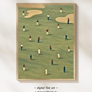 May include: A framed digital fine art print depicting a golf course scene. The artwork features numerous figures in various poses, dressed in white, red, and navy attire, playing golf on a green field with sand traps. The print has a light wood frame and the text "digital fine art" and "LabelsandPrintLab" at the bottom.