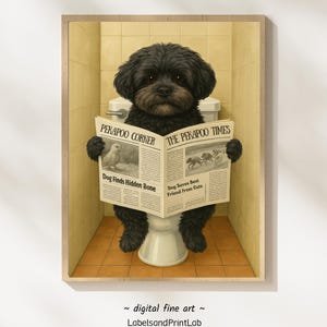 Rolig Pekapoo badrumstryck: Hund som läser tidning på toaletten, pekingespudelhund väggkonst, present till älskare (digital nedladdning) #XMM528