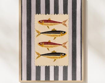 Vintage stempel, kunst aan de muur sardines: keukenvisprint, zwarte en witte strepen, restaurantdecor, poster borduurstijl #25J24