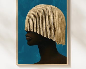 ビーズ飾りのヘッドピースウォールアート、デジタルダウンロード、印刷可能な男性ファッションポートレート、ブラックインテリアデザインプリント、アフリカ系アメリカ人の装飾、#HV801S