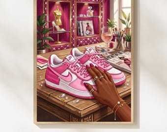 Printable Black Woman Sneaker Art, Fashion Sneakerhead Print Pink Aesthetic Art Melanin Wall Art Black Girl Décor, Digital Download #PLN03Y