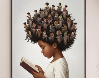 Arte mural inspirado en la lectura: lámina artística afrocentrista sobre la alfabetización, cabello negro, libros y brillantez, decoración mural para el empoderamiento #JJ96A