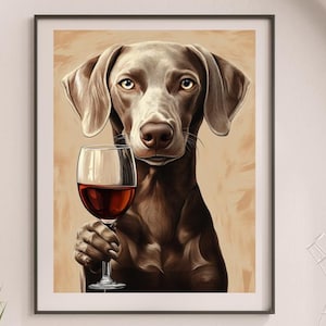 Weimarse staande hond hond keukenkunst aan de muur, hond drinken wijn print, alcohol bar kar decor, housewarming cadeau, minimalistische poster, uniek #AL58