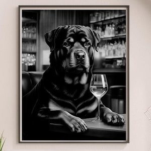 Rottweiler Hund Alkohol Wand Kunst, Rottie sitzt an der Bar Poster, Wein Liebhaber Geschenk, Restaurant Druck, Hund Bar Warenkorb Dekor, Einweihungsparty #AL80