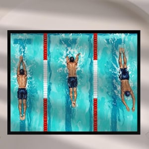 May include: Framed artwork depicting three swimmers in a pool, viewed from above. The swimmers are in different positions: one diving, one swimming freestyle, and one with arms extended. The pool has blue water and red and white lane markers.