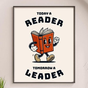 Arte mural para el aula, póster de lectura, personaje de mascota de dibujos animados de libros retro, impresión digital con cita positiva, arte de los años 70 para imprimir en casa #H88