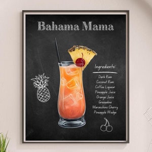 Póster de cóctel de carrito de bar, arte mural de Bahama Mama, letrero de alcohol, impresión de decoración de cocina, fiesta de cumpleaños, regalo de bebida exclusiva para ella #AL32