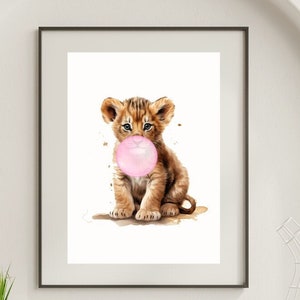 Lion Cub Blowing Bubble Gum Print: Whimsical Nursery Art (Digital Download) #N44