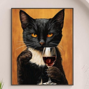 Black Cat Kitchen kunst aan de muur, katachtige print wijn drinken, alcoholbar kar decor, housewarming cadeau, minimalistische poster, uniek eigenzinnig #H121