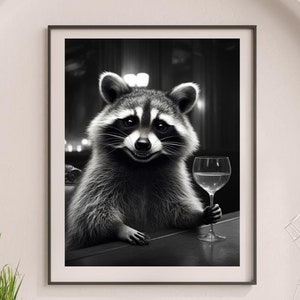 アライグマのアルコールウォールアート、バーに座っているアライグマのポスター、ワイン愛好家、アライグマ愛好家へのギフト、新築祝いのギフトプリント、バーカートの装飾 #H604