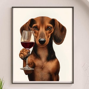ダックスフント犬のキッチンウォールアート、ワインを飲むダックスフント犬のプリント、アルコールバーカートの装飾、新築祝いのギフト、ミニマリストポスター、ユニークな#AL54