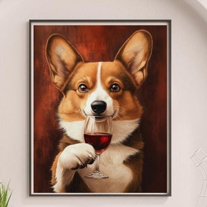 ペンブローク・ウェルシュ・コーギーのキッチンウォールアート、ワインを飲む犬のプリント、アルコールバーカートの装飾、新築祝いのギフト、ミニマリストポスター、ユニークな#AL60