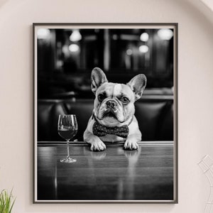 フレンチブルドッグのアルコール ウォール アート、バーに座っているポスター、ワイン愛好家、犬へのギフト、アルコール プリント、犬用バー カートの装飾、フレンチブルドッグ プリント #AL77